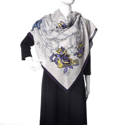 Hermes Cashmere Silk Cavalcadour Shawl 140 Gris Chine Juane Marine 2 of 6