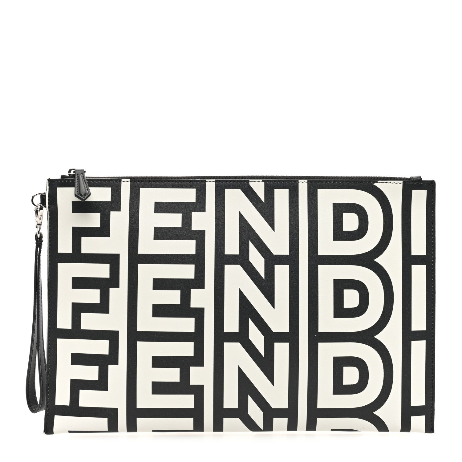 Fendi X MARC JACOBS Vitello King Logo Print Large Flat Pouch Black White 1 of 6