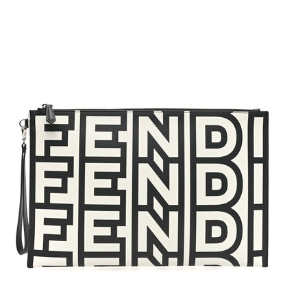 Fendi X MARC JACOBS Vitello King Logo Print Large Flat Pouch Black White 1 of 6
