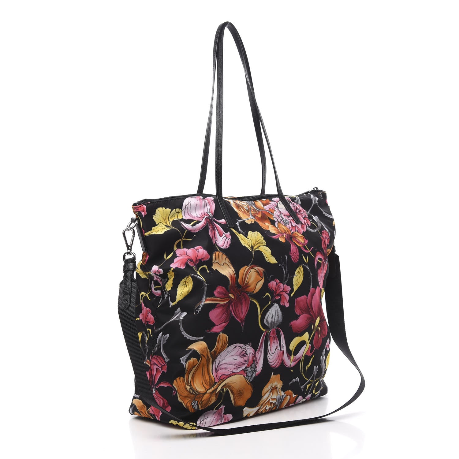Prada Tessuto Nylon Saffiano Floral Print Tote Black 2 of 10