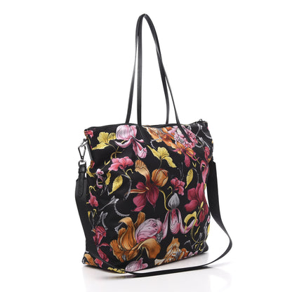 Prada Tessuto Nylon Saffiano Floral Print Tote Black 2 of 10
