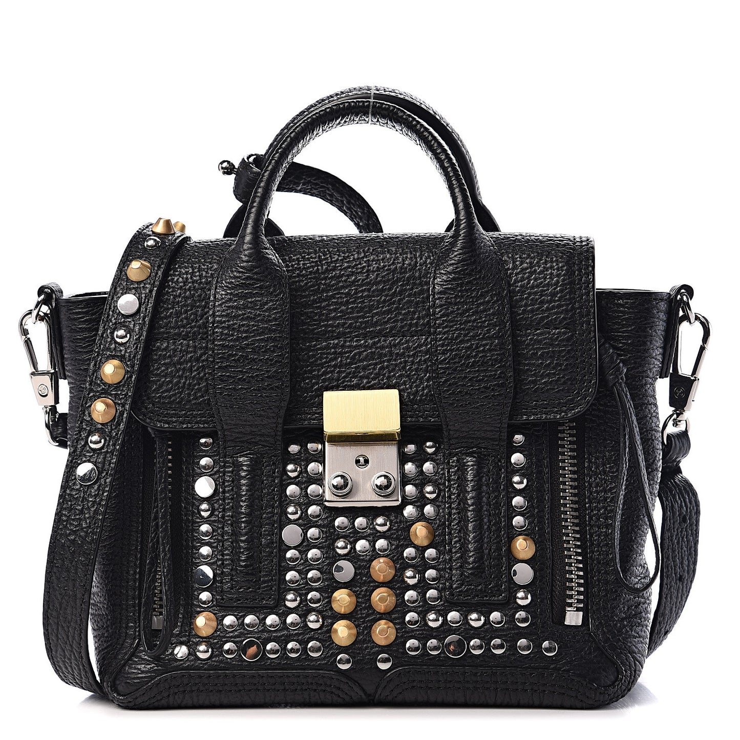 3.1 Textured Calfskin Studded Mini Pashli Satchel Black