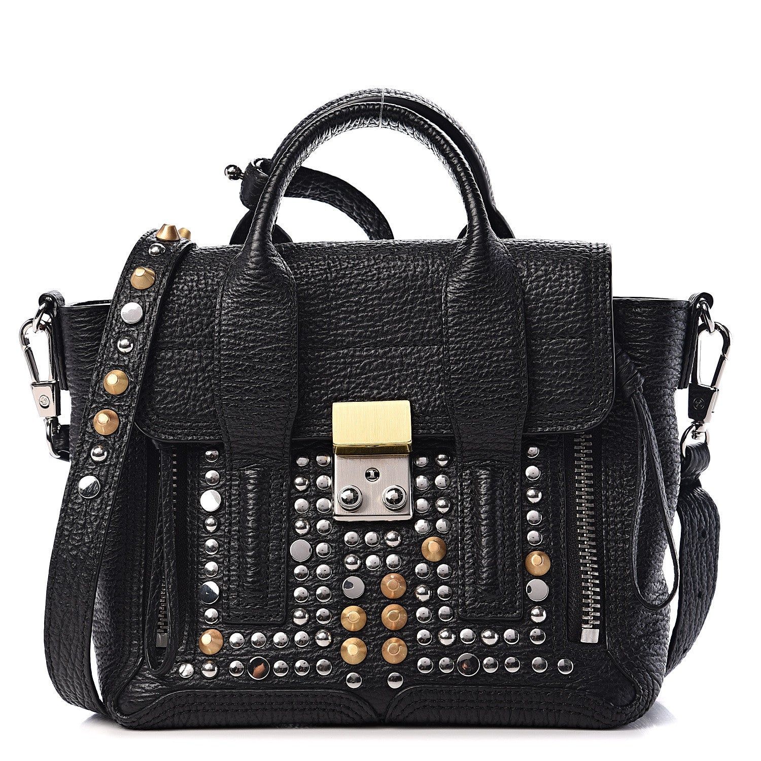 3.1 Phillip Lim 3.1 Textured Calfskin Studded Mini Pashli Satchel Black 1 of 8