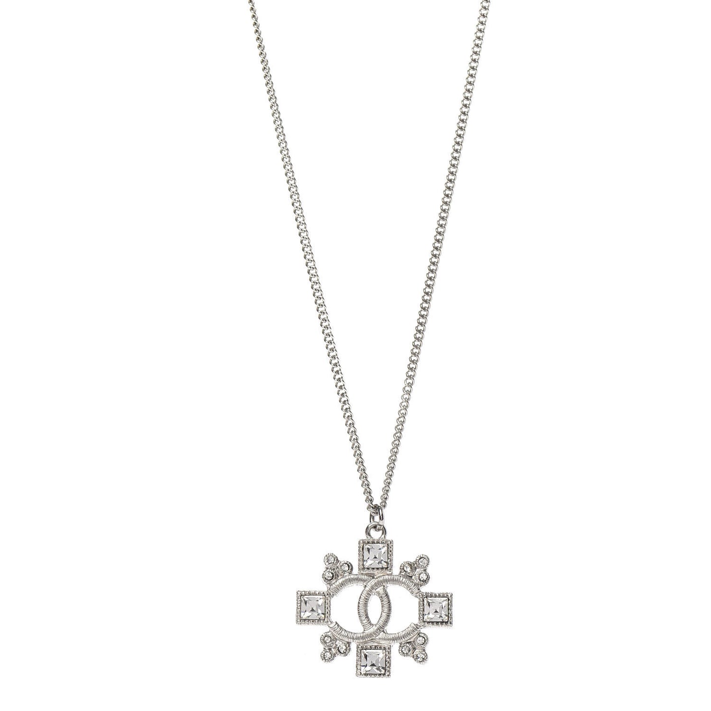 Baguette Crystal CC Pendant Necklace Silver