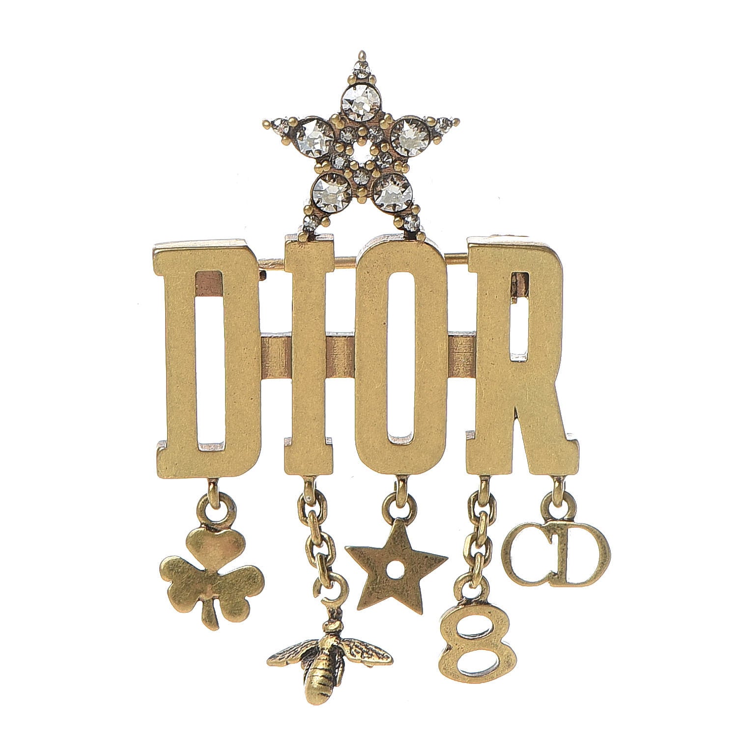 Christian Dior Metal Crystal Dio(r)evolution Logo Brooch Antique Gold 1 of 5