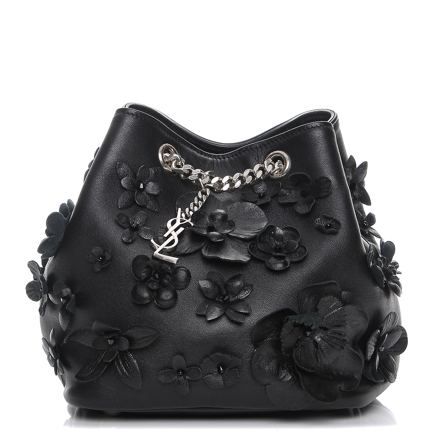 Lambskin Floral Applique Baby Emmanuelle Bucket Bag Black