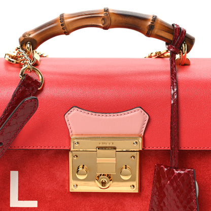 Gucci Calfskin Suede Snakeskin Valentines Day Small Padlock Bamboo Shoulder Bag Red Pink Multicolor 7 of 9