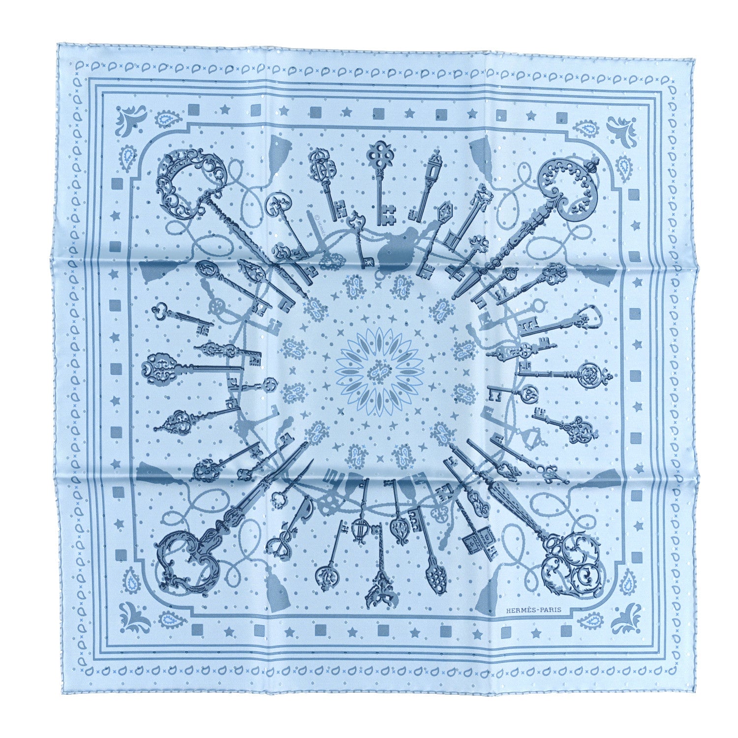 Hermes Silk Les Cles Bandana Scarf 55 Bleu Ciel Bleu Jean Gris 1 of 3