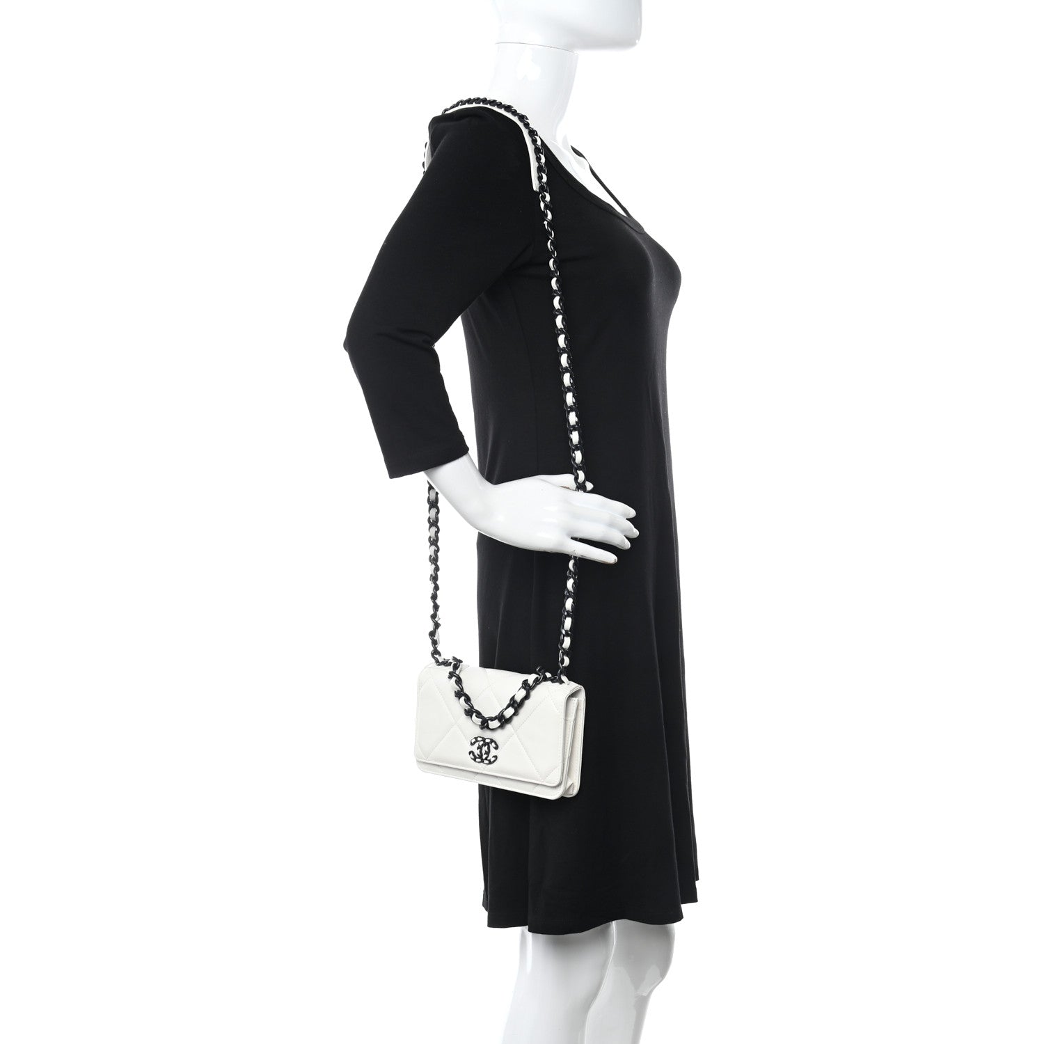 Chanel Glossy Calfskin Quilted Chanel 19 Wallet On Chain WOC White Black 2 of 12