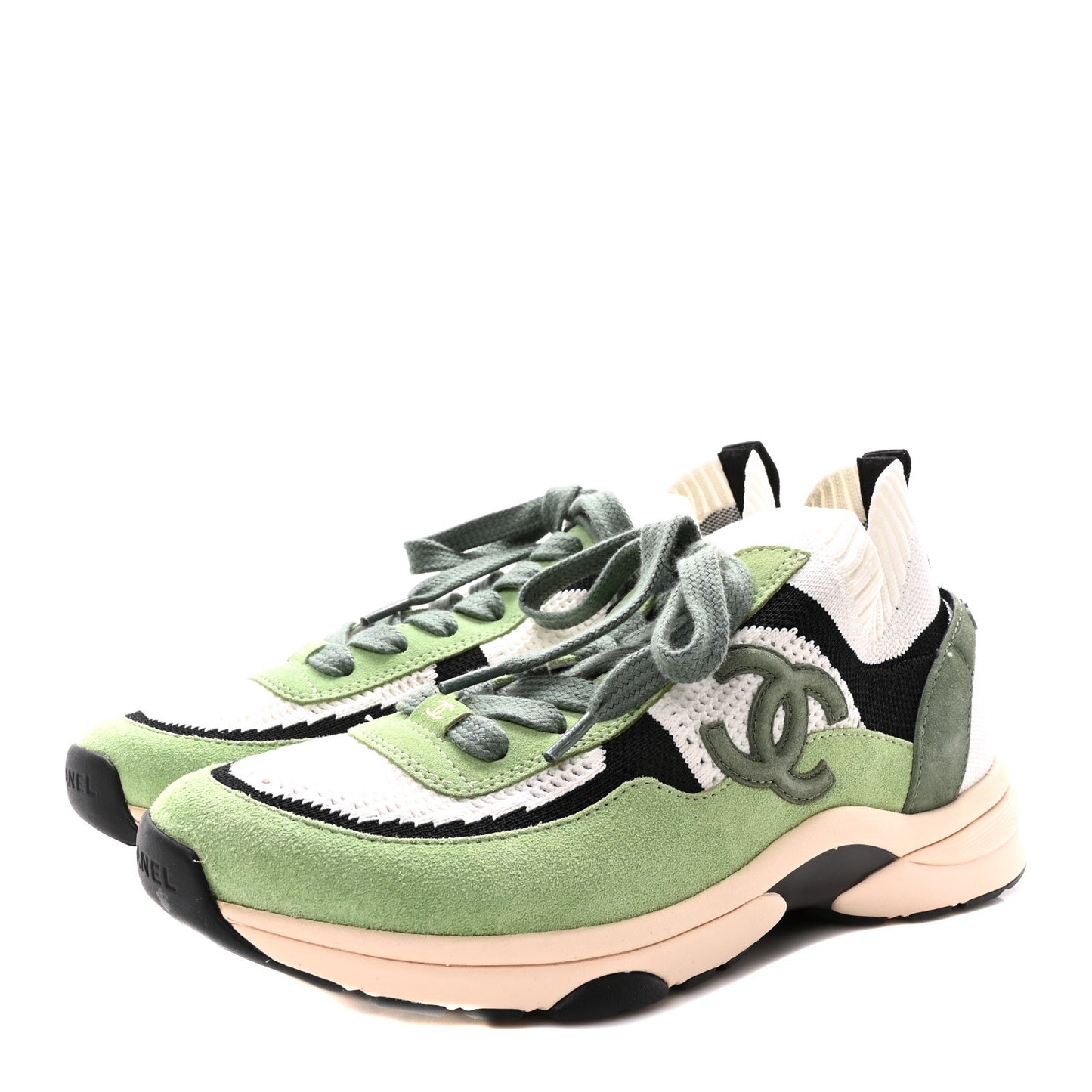 Knit Suede Fabric Womens CC Sneakers 40 Green Dark Green White Black