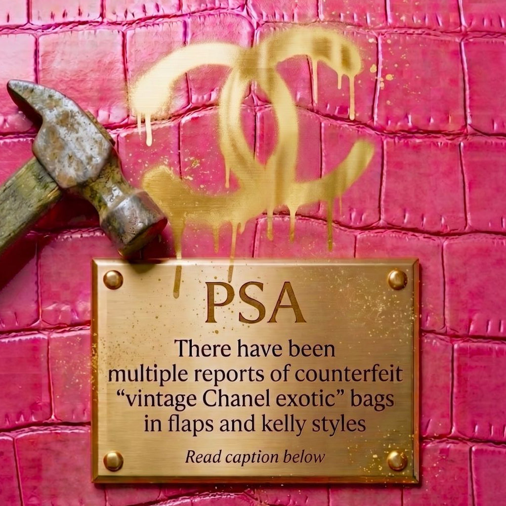 PSA on a Gold Chanel Plaque against a pink croc background with CC spray-painted in gold