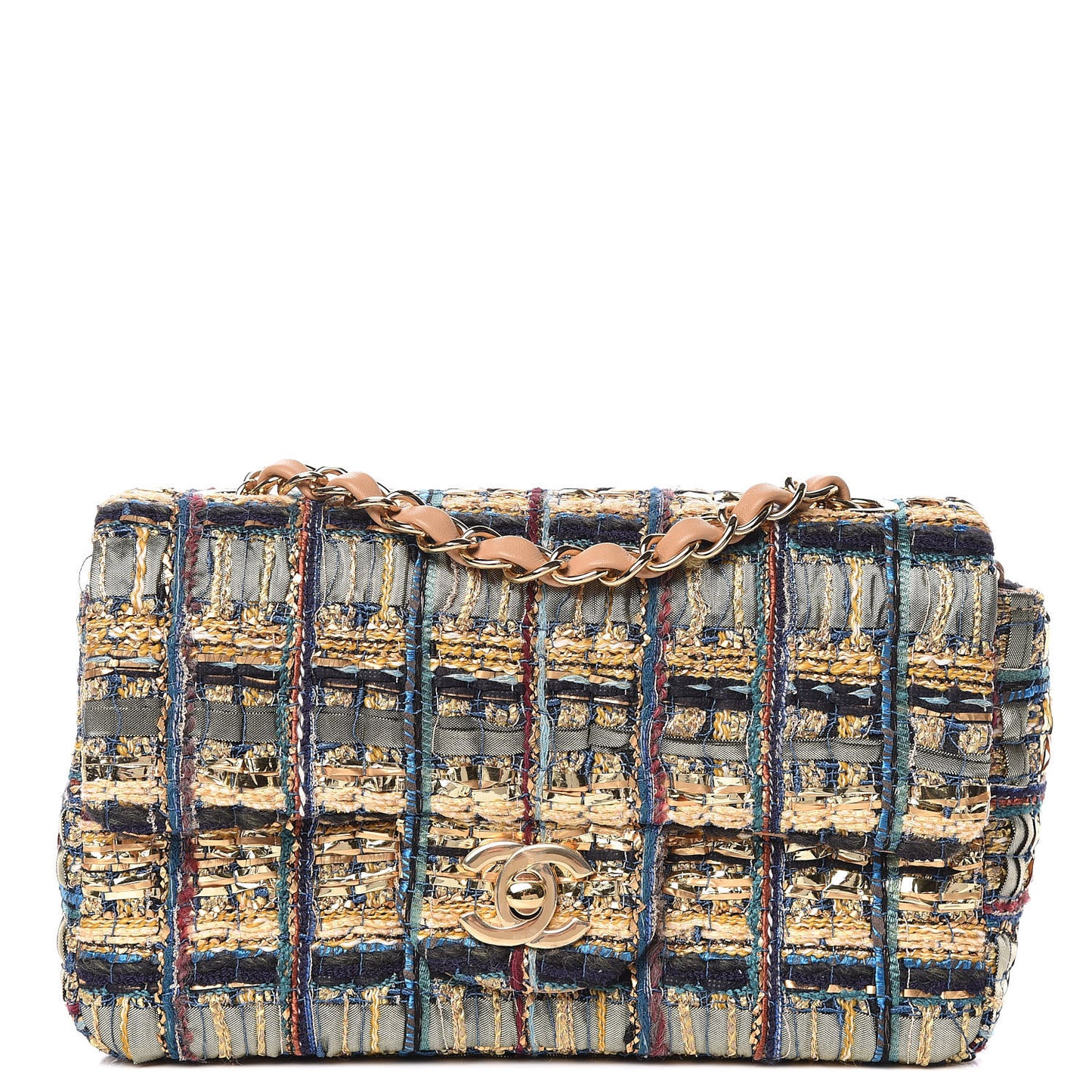 Tweed Quilted Mini Rectangular Flap Gold Blue Light Green Black