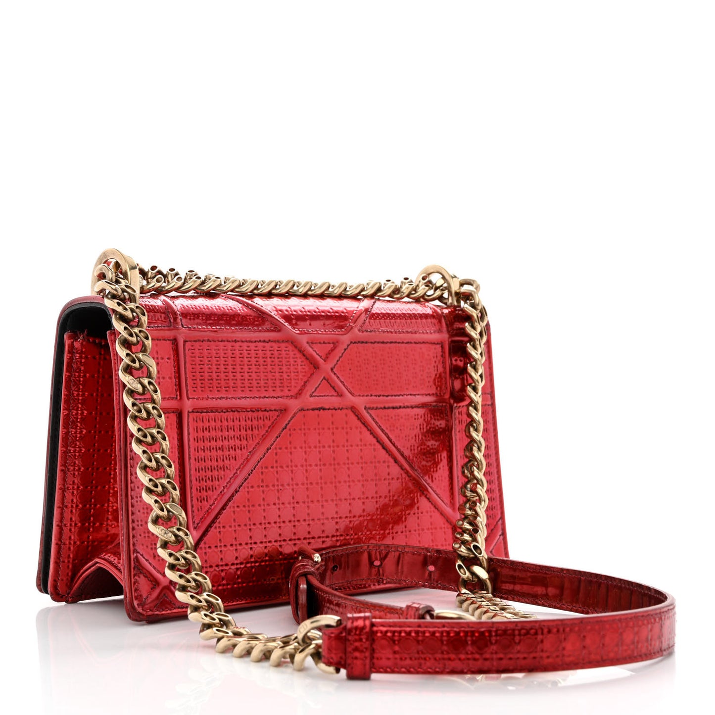 Metallic Patent Micro-Cannage Small Diorama Flap Bag Red