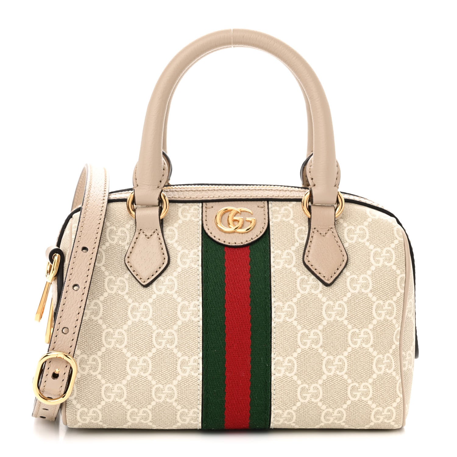 Gucci GG Supreme Monogram Textured Dollar Calfskin Web Ophidia Mini Top Handle Bag Beige Mystic White Oatmeal 1 of 9