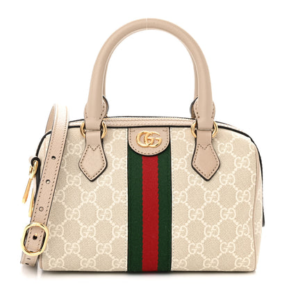 Gucci GG Supreme Monogram Textured Dollar Calfskin Web Ophidia Mini Top Handle Bag Beige Mystic White Oatmeal 1 of 9