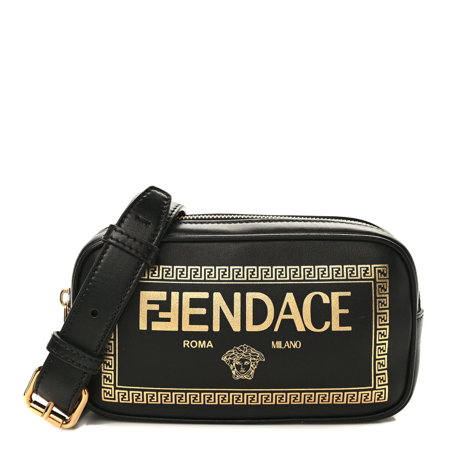 X VERSACE Vitello Cover Fendace Medusa Small Camera Case Black Gold