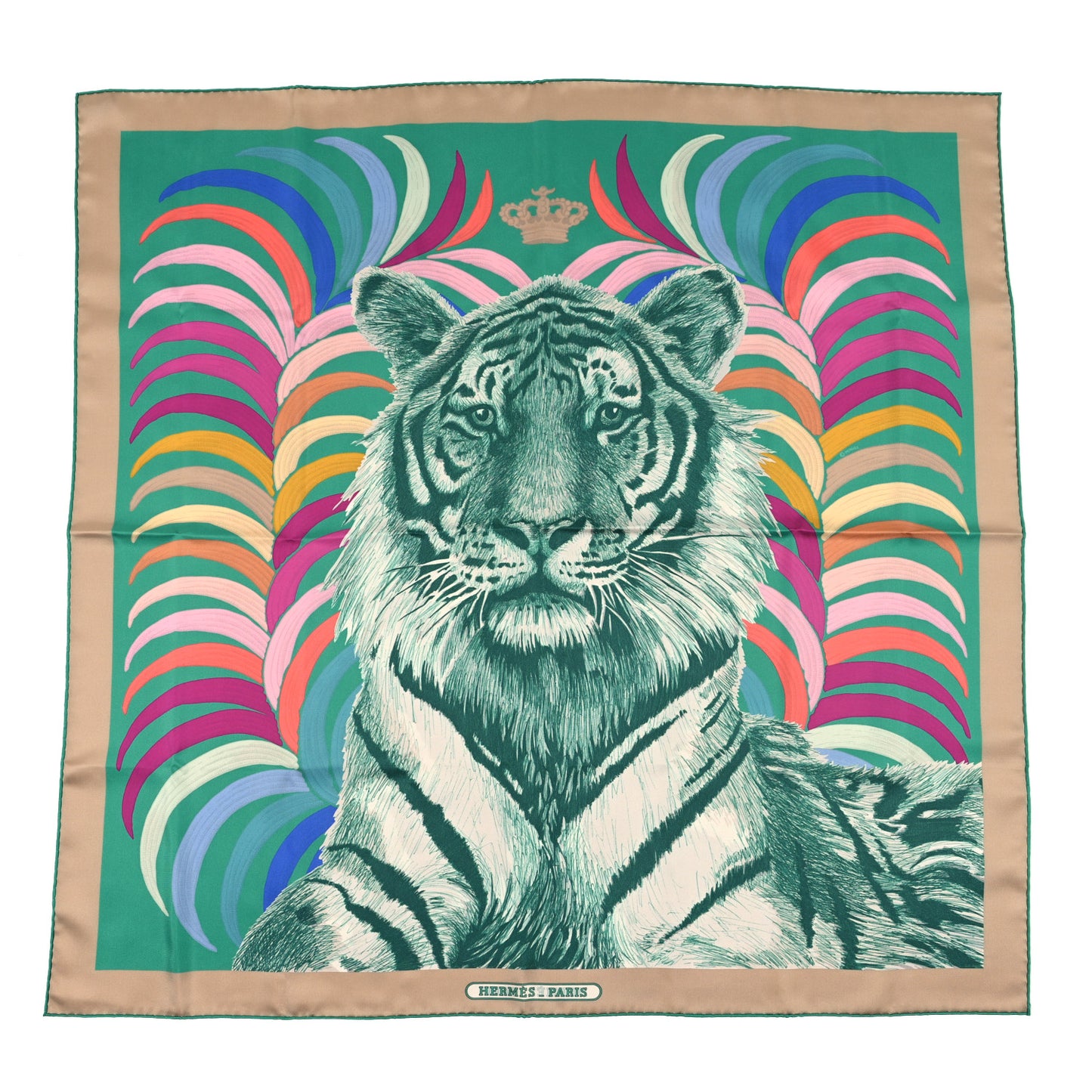 Silk Carre Double Face Tigre Royal Scarf 90 Vert Beige Multicolor