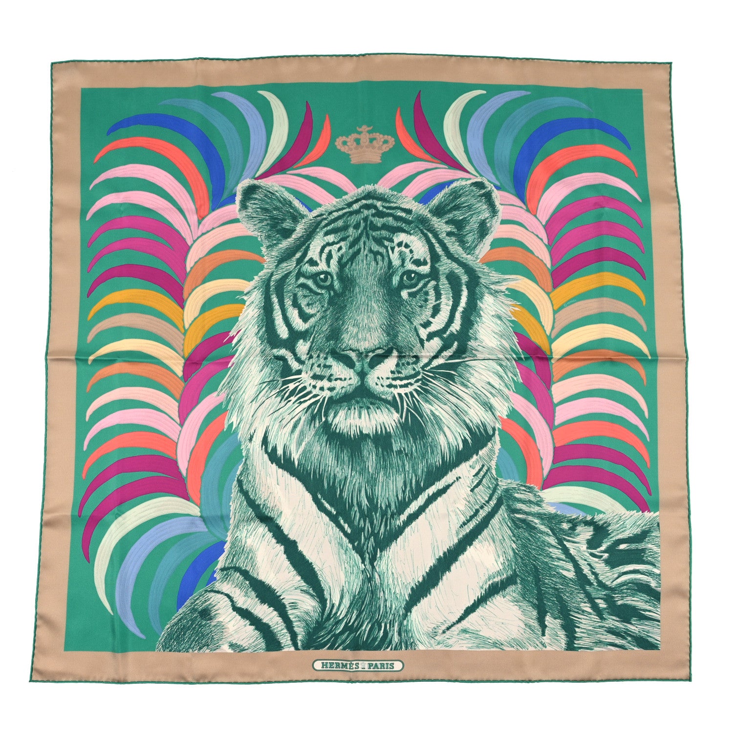 Hermes Silk Carre Double Face Tigre Royal Scarf 90 Vert Beige Multicolor 2 of 4