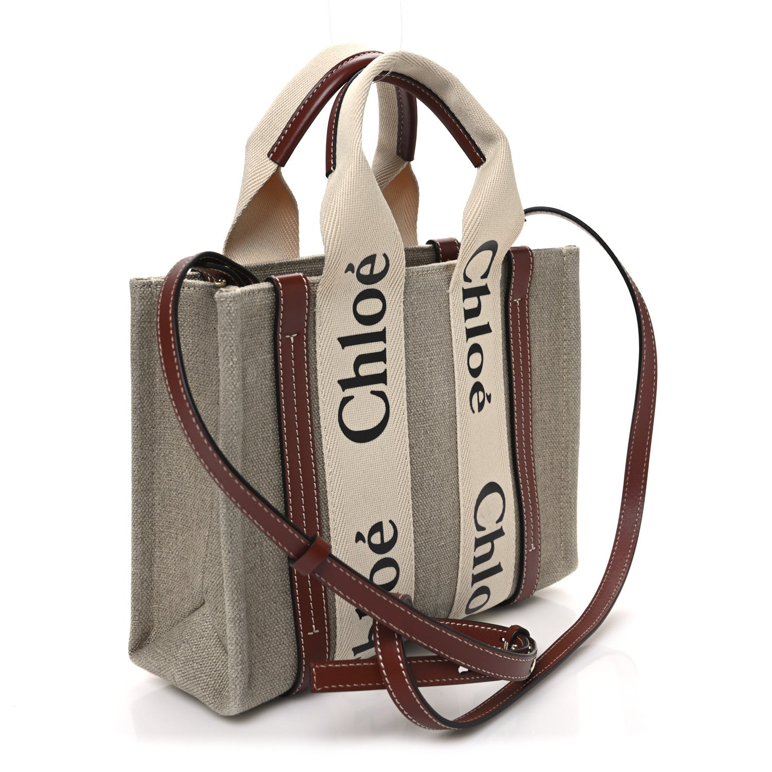 Chloe Linen Calfskin Small Woody Ribbon Tote With Strap White Brown 2 of 9