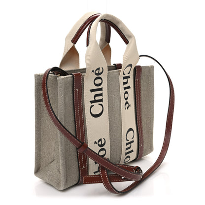 Chloe Linen Calfskin Small Woody Ribbon Tote With Strap White Brown 2 of 9