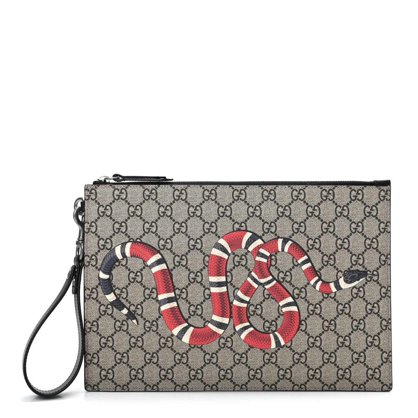GG Supreme Monogram Kingsnake Zip Wristlet Pouch Beige Black
