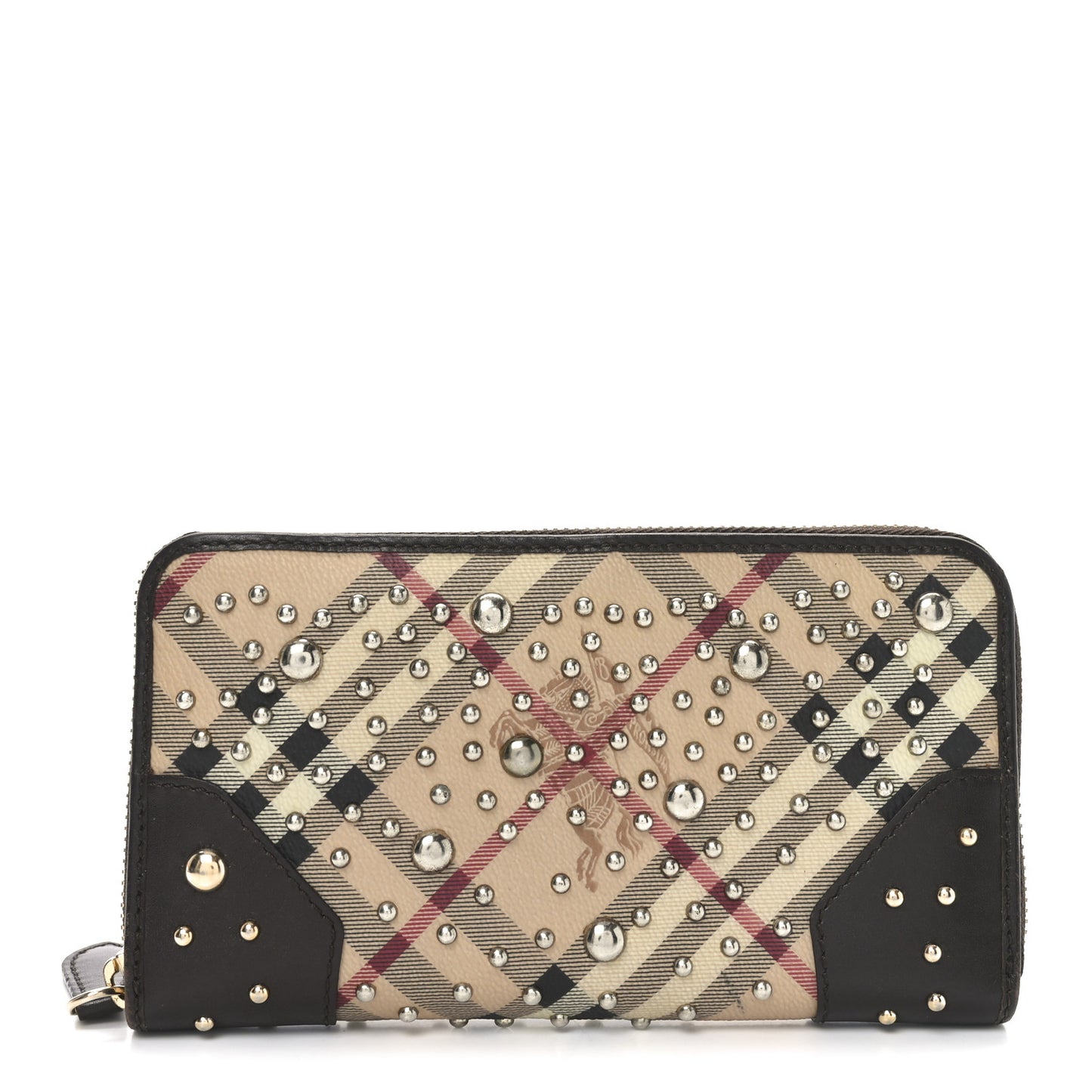 Studded Haymarket Check Large Zip Around Wallet Brown