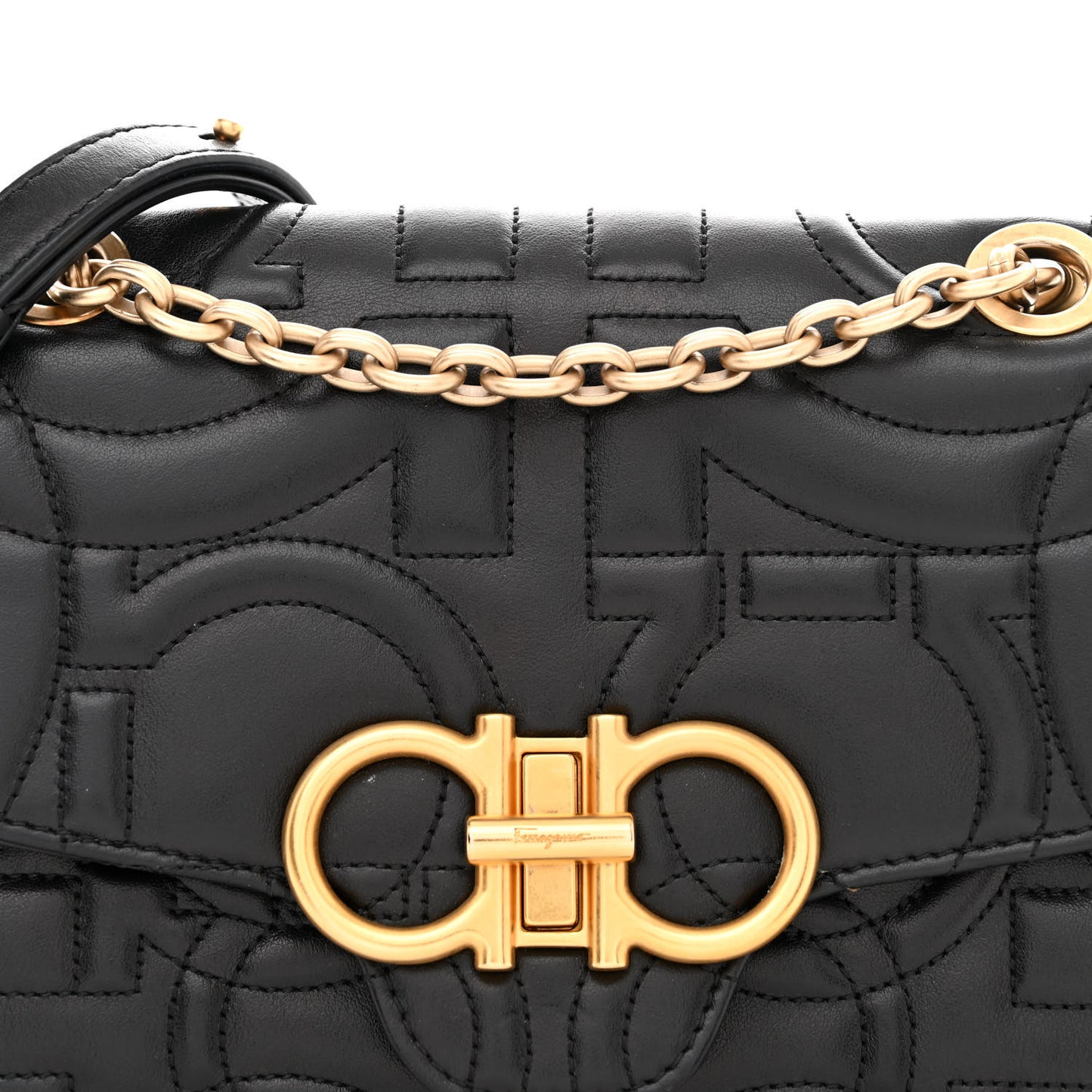 Calfskin Quilted Gancini Flap Bag Black