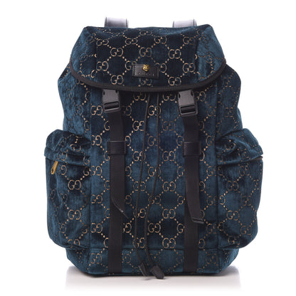 Gucci Velvet GG Monogram Web Medium Double Buckle Backpack Blue Beige Black 1 of 9