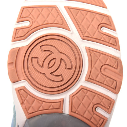 Chanel Nylon Lambskin Suede Calfskin CC Sneakers 36 Coral Light Blue White 9 of 10