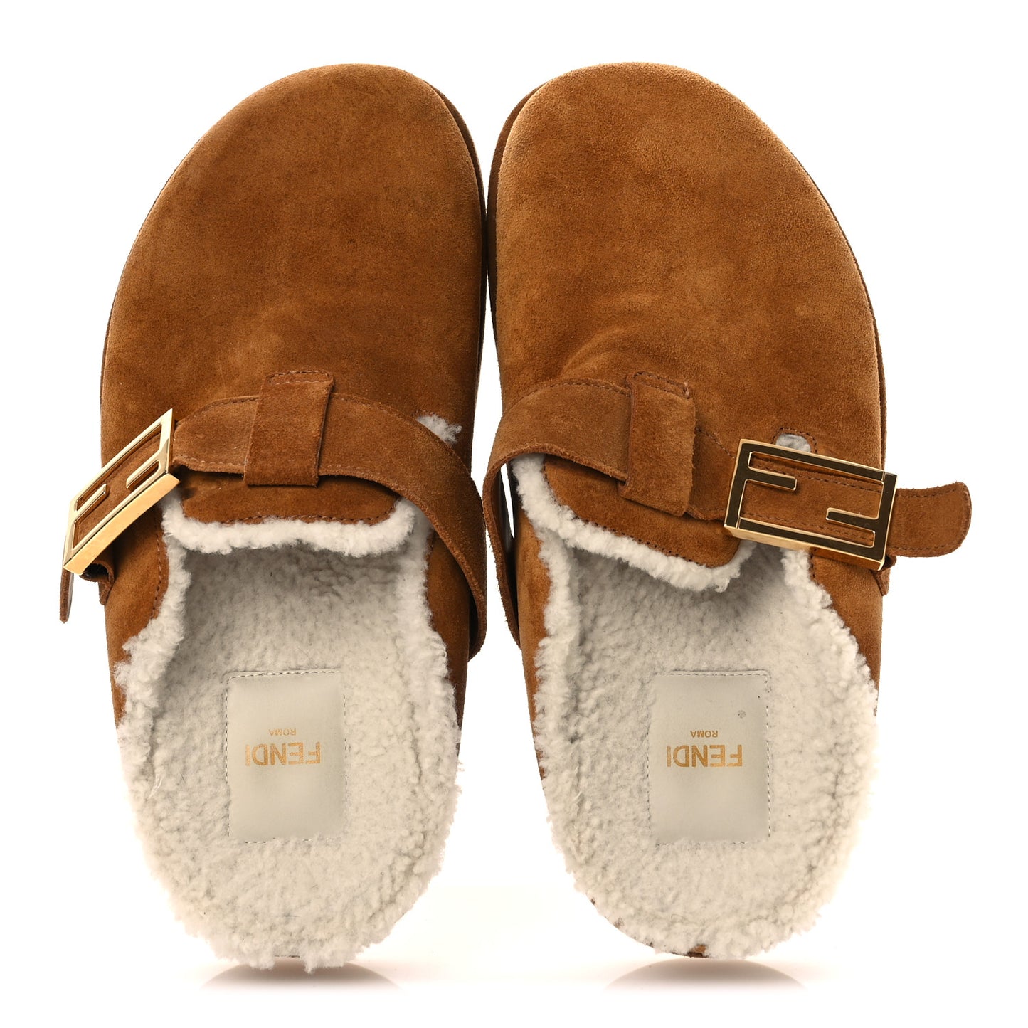 Suede Shearling Fendi Feel Buckled Clogs 37 Caramel Latte