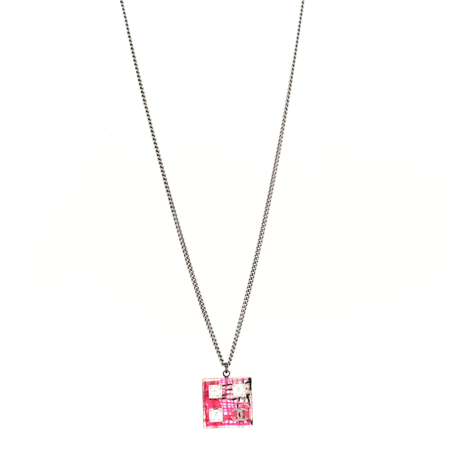 Resin Baguette Crystal Geometric Square CC Necklace Hot Pink