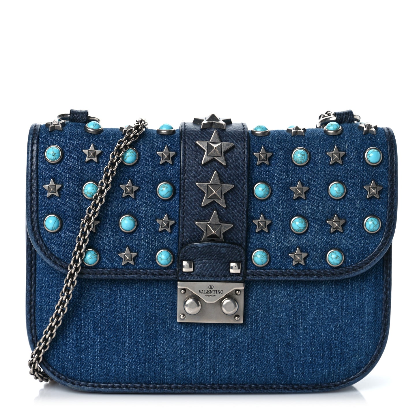 Denim Star Studded Small Lock Flap Blue