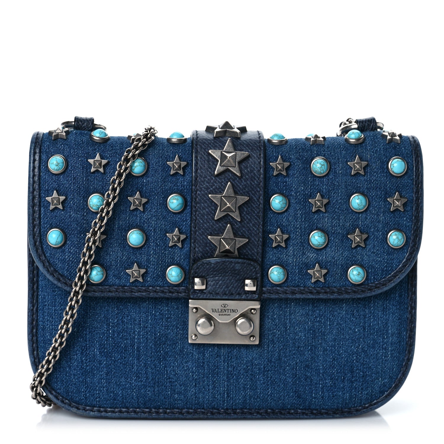 Valentino Garavani Denim Star Studded Small Lock Flap Blue 3 of 10