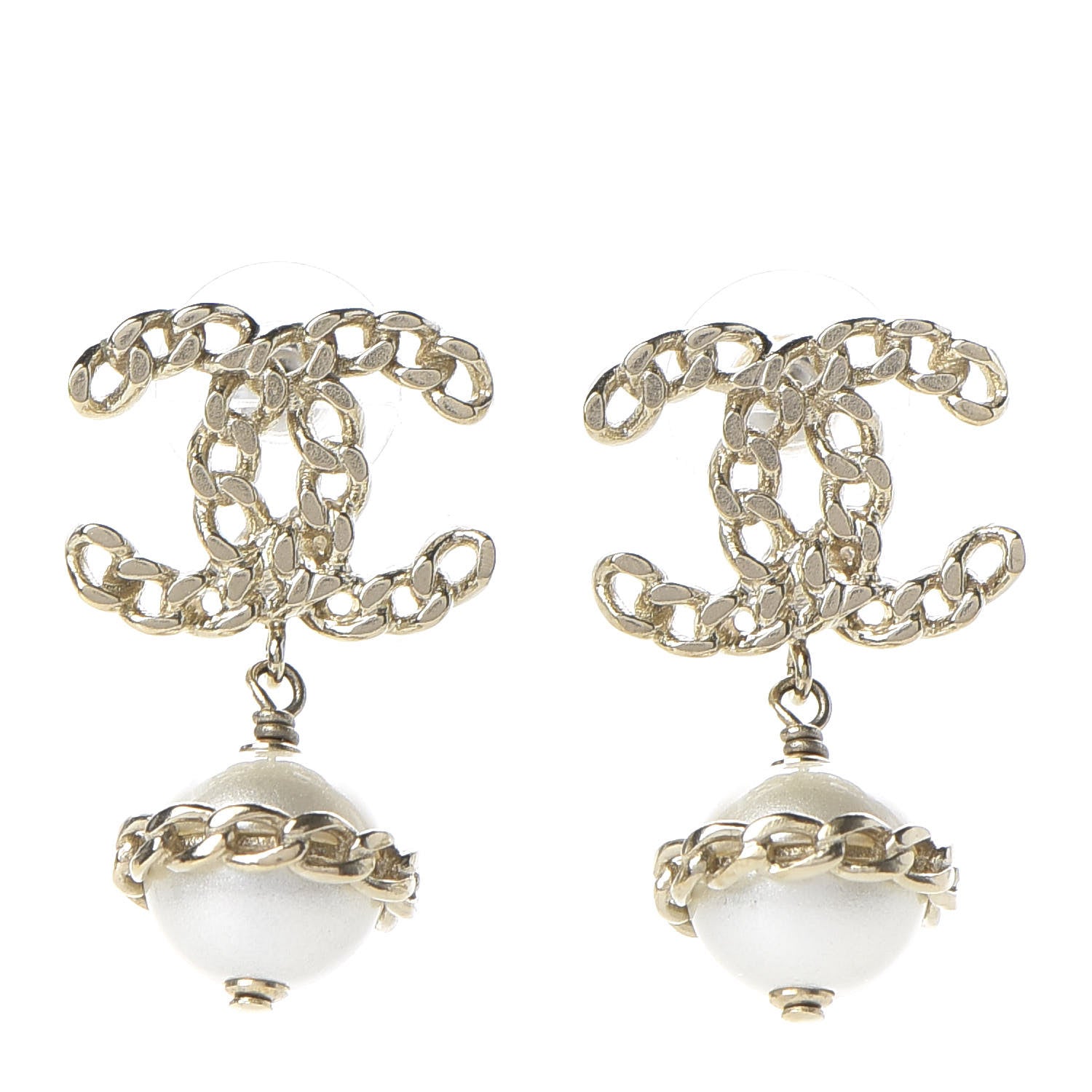 Chanel Chain Pearl CC Drop Earrings Gold 1 of 5