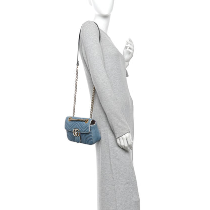 Gucci Denim Matelasse Mini Pearly GG Marmont Shoulder Bag Blue 2 of 13