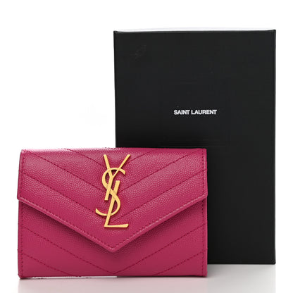 Saint Laurent Grain De Poudre Matelasse Chevron Small Monogram Envelope Wallet Fuxia Couture 8 of 8