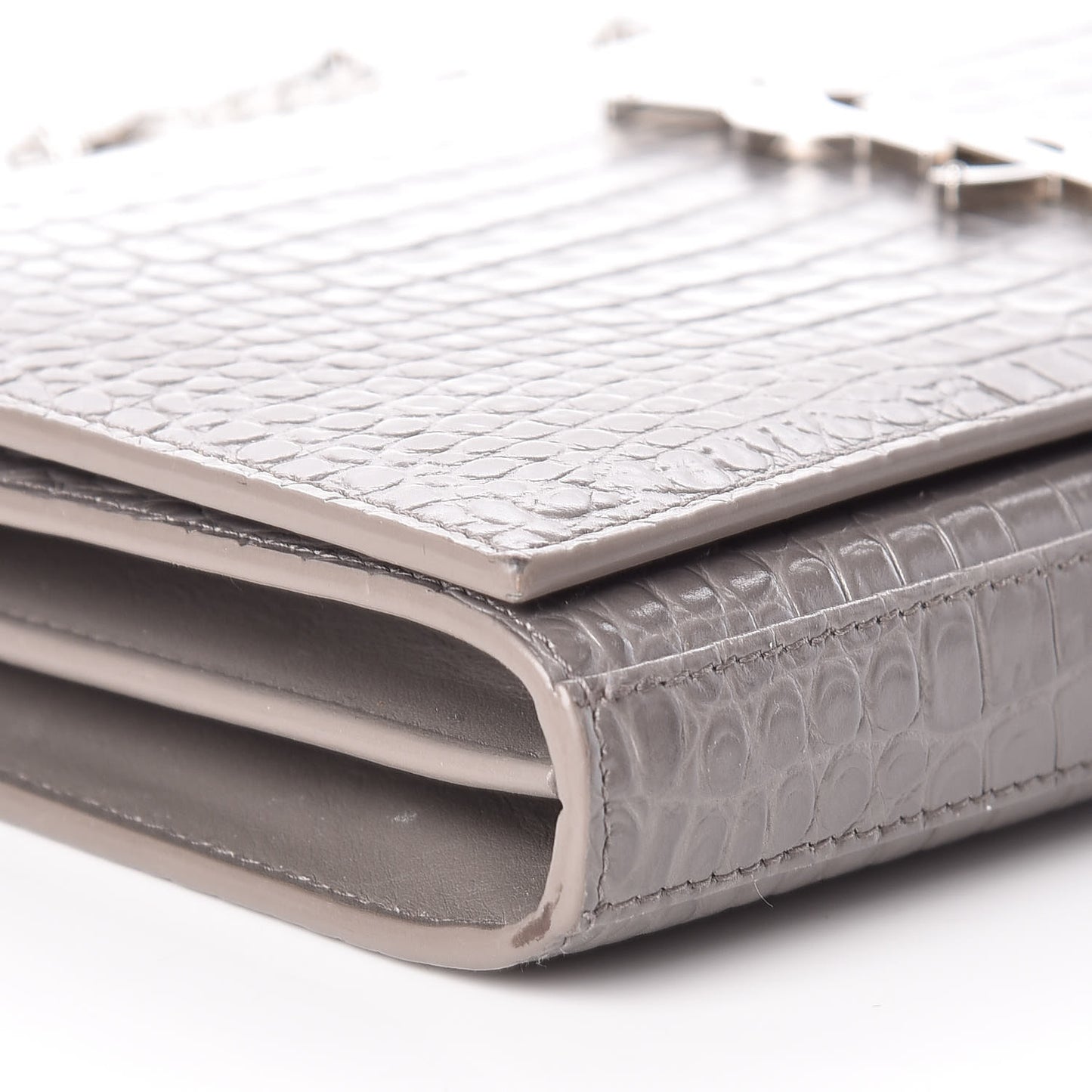 Calfskin Crocodile Embossed Monogram Chain Wallet Fog