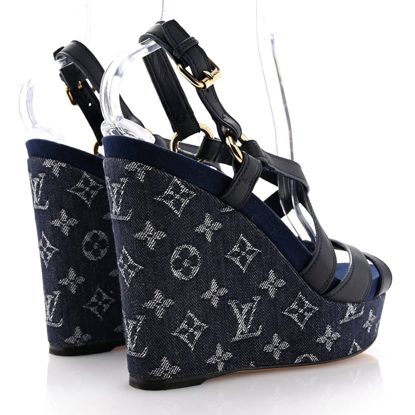 Calfskin Monogram Denim Ocean Wedge Sandals 39 Blue