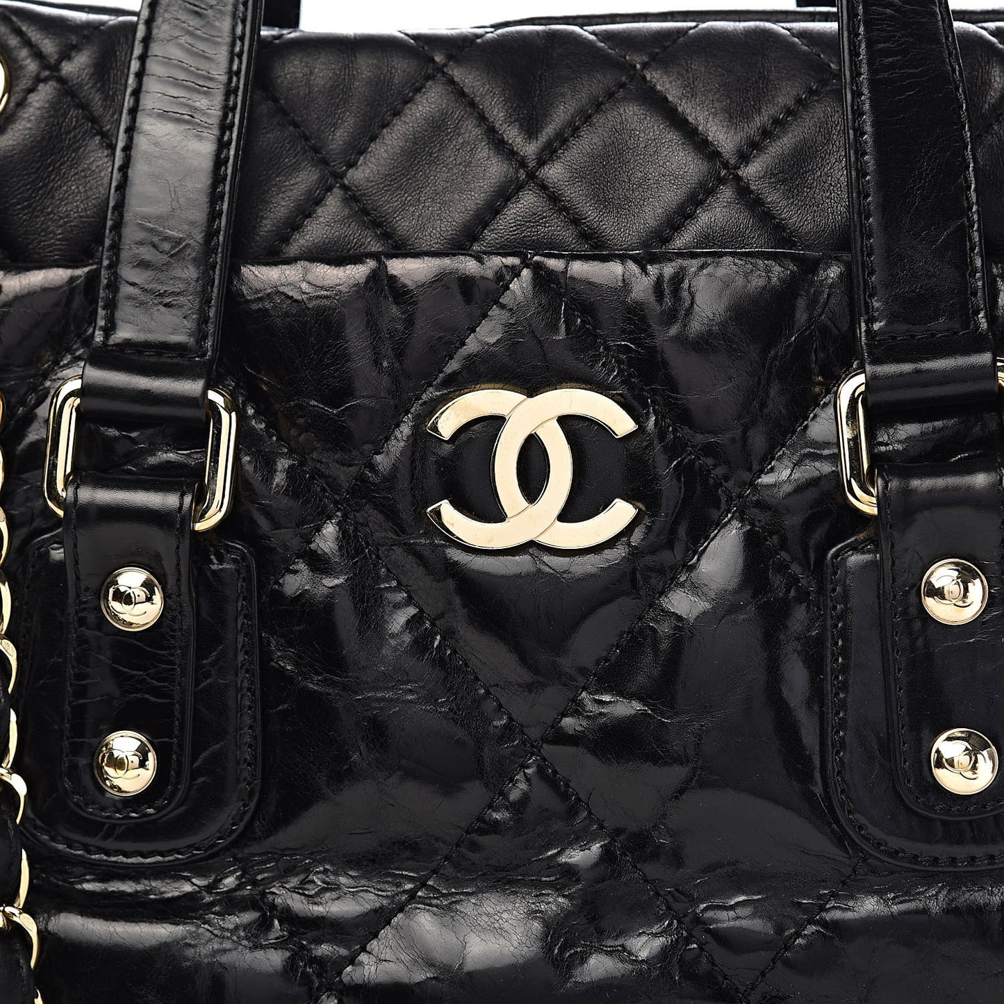 Glazed Calfskin Lambskin Quilted Portobello Tote Black
