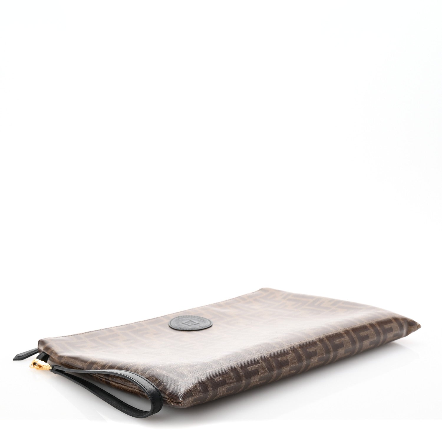 Fendi Glazed Fabric Vitello Century FF 1974 Stamp Patch Large Flat Pouch Mogano Panna Black 4 of 8