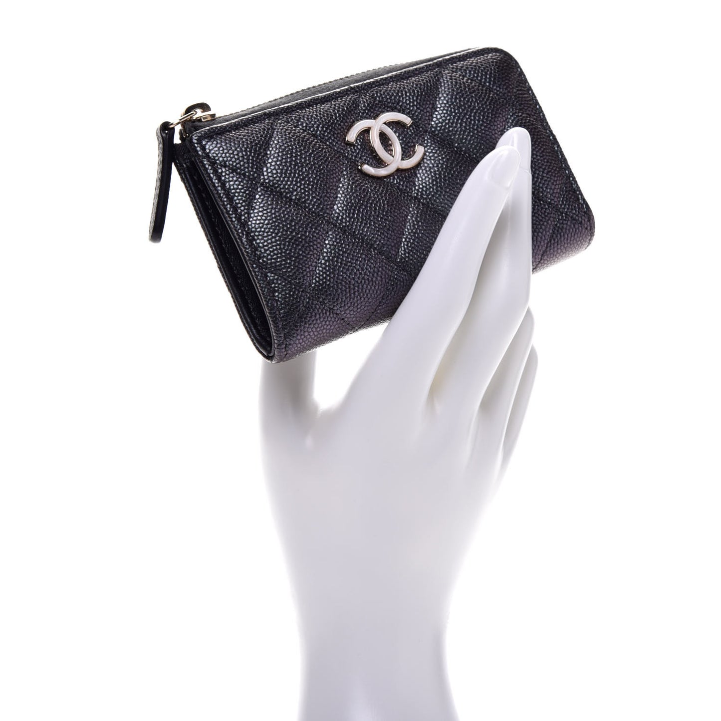 Iridescent Caviar Quilted Zipped Key Holder Case Black