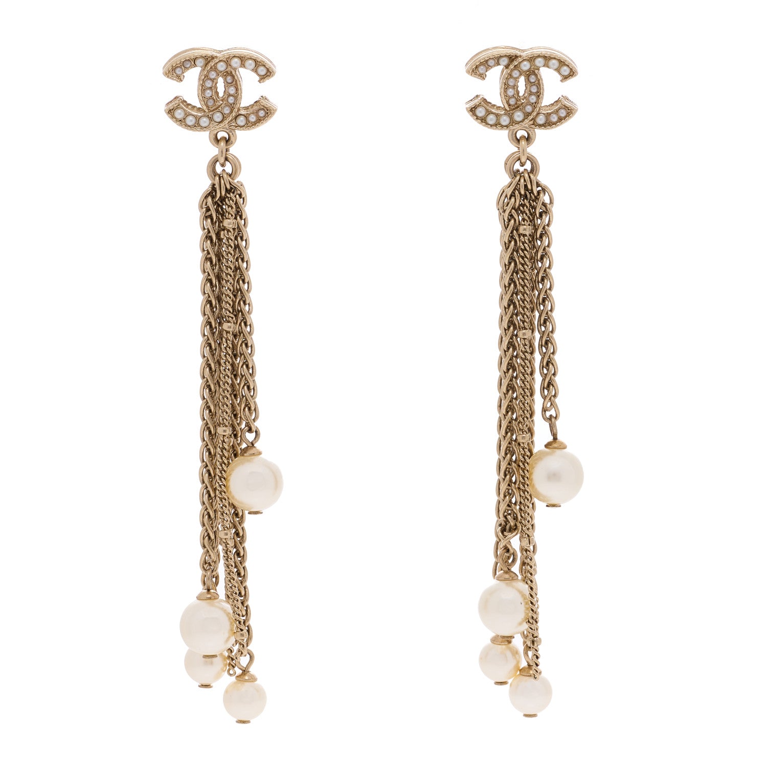 Chanel Pearl CC Multi Chain Drop Earrings Gold 1 of 4