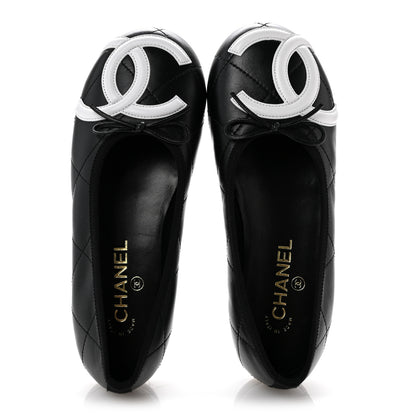 Chanel Lambskin Quilted CC Cambon Ballet Flats 37.5 Black White 2 of 10