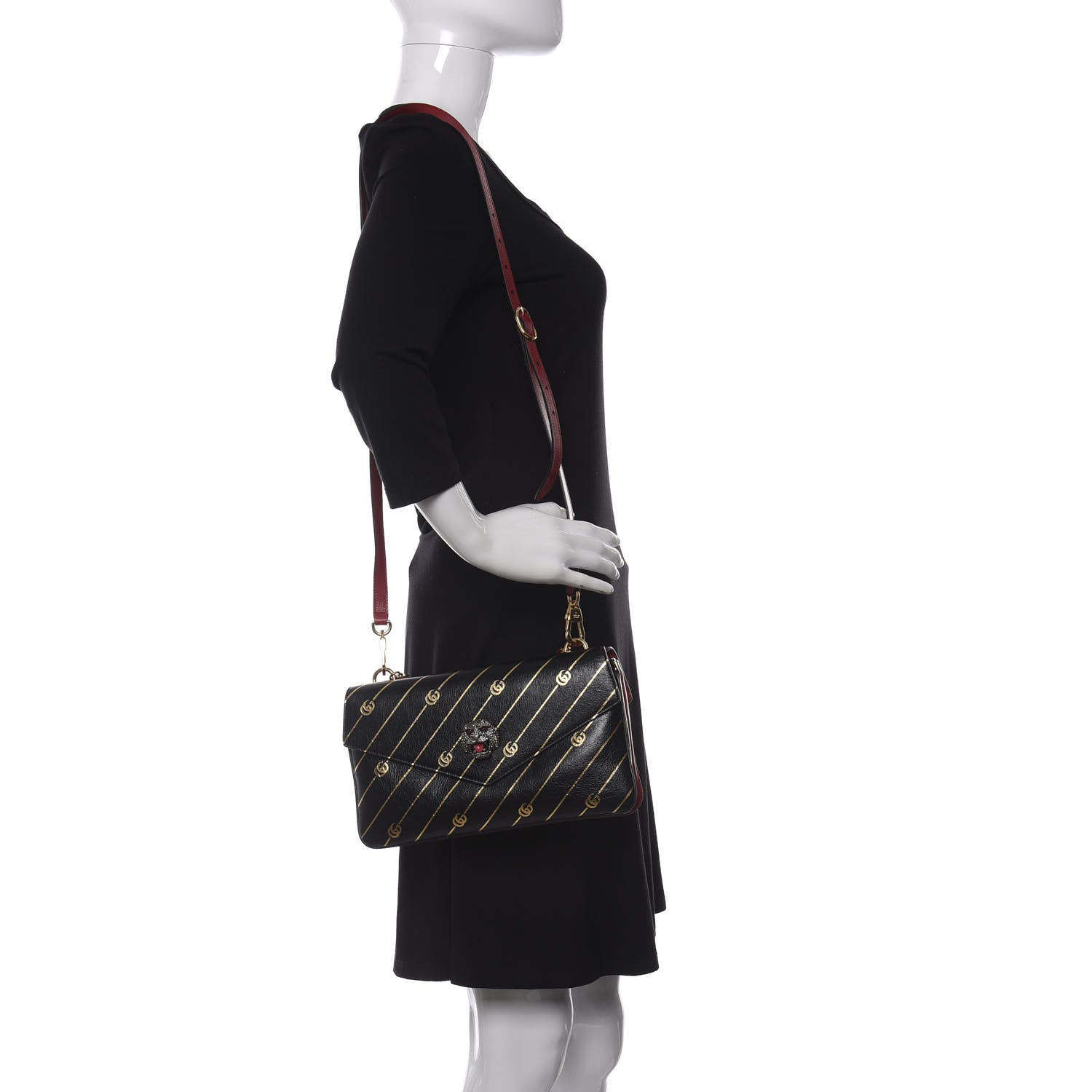 Gucci Calfskin Diagonal GG Medium Thiara Double Envelope Shoulder Bag Black Red 2 of 9