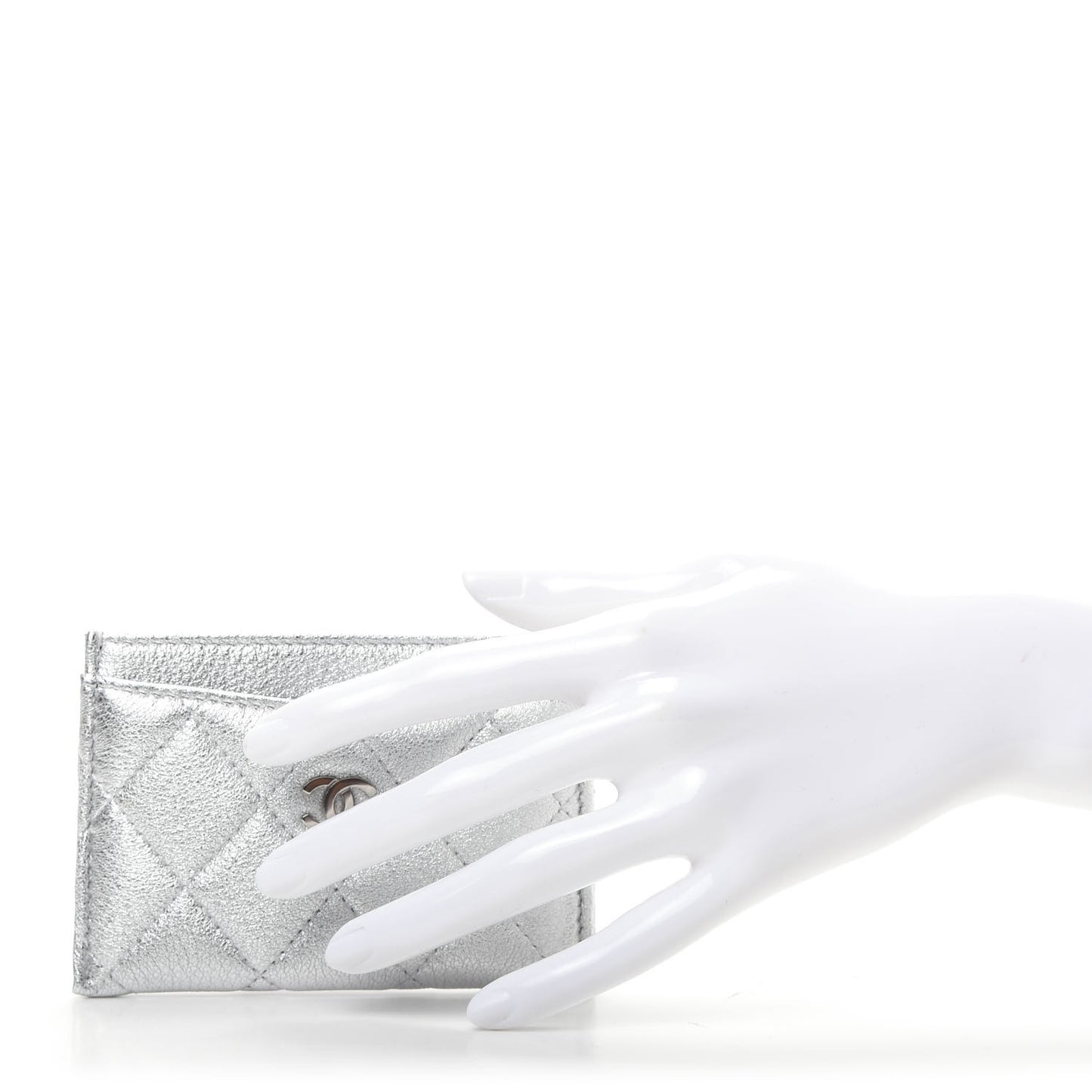 Metallic Lambskin Quilted Card Holder Silver