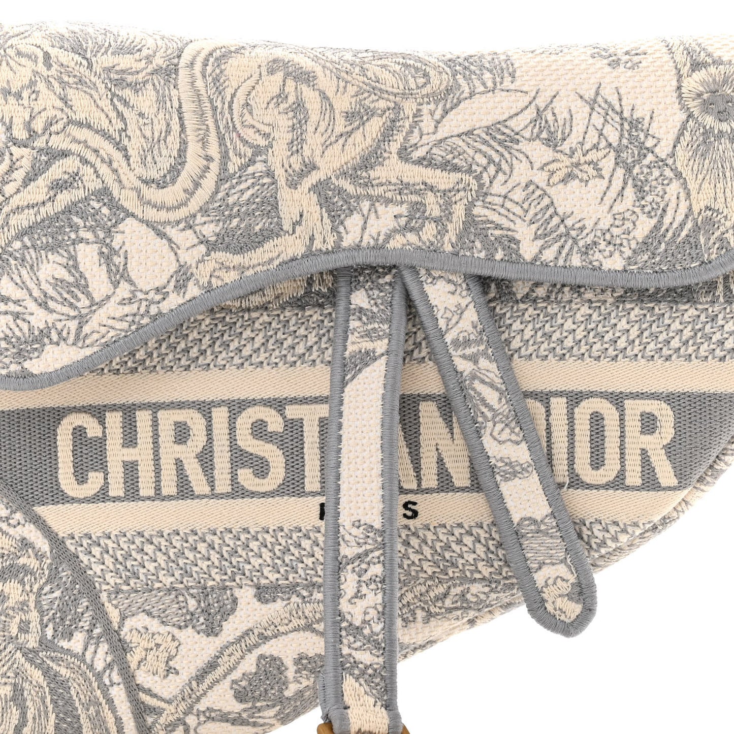 Canvas Embroidered Toile de Jouy Saddle Bag Gray
