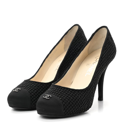 Chanel Tweed Grosgrain Beaded Cap Toe Pumps 37.5 Black 3 of 9