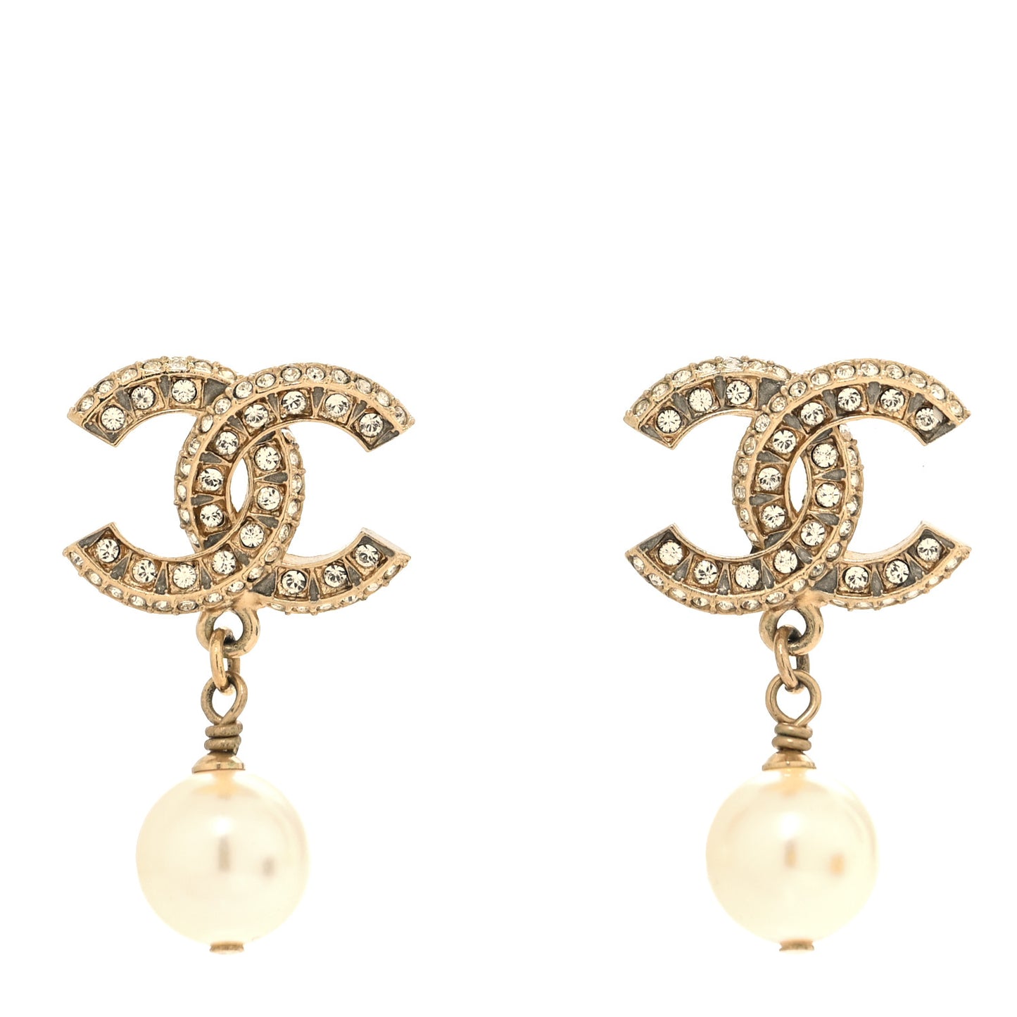 Crystal Pearl CC Drop Earrings Light Gold