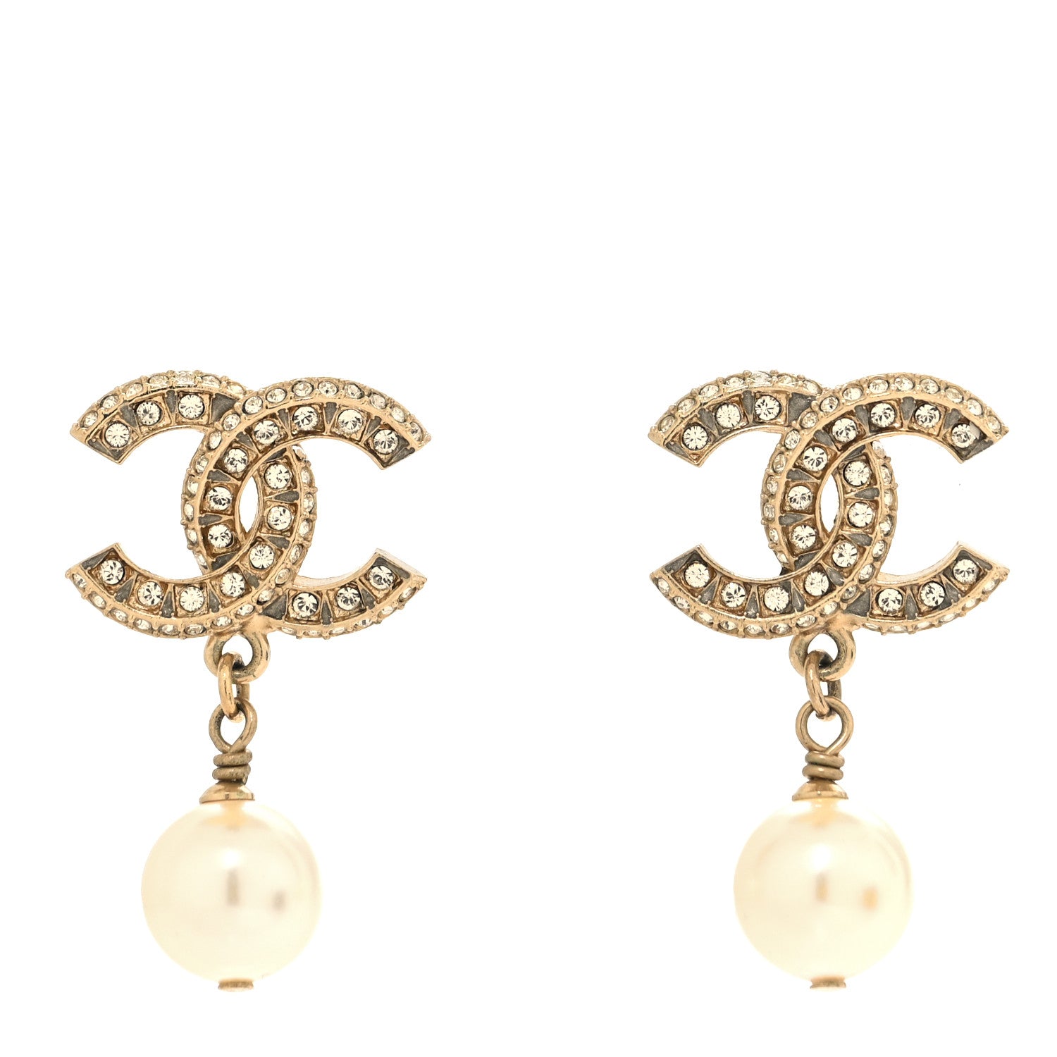 Chanel Crystal Pearl CC Drop Earrings Light Gold 1 of 5