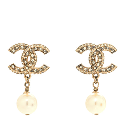 Chanel Crystal Pearl CC Drop Earrings Light Gold 1 of 5